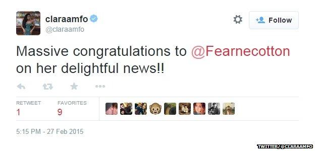 Tweet from @claraamfo reading: "Massive congratulations to @Fearnecotton on her delightful news!!"