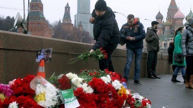 Flowers left at the site of Boris Nemtsov's killing, Moscow, 28 Feb 2015