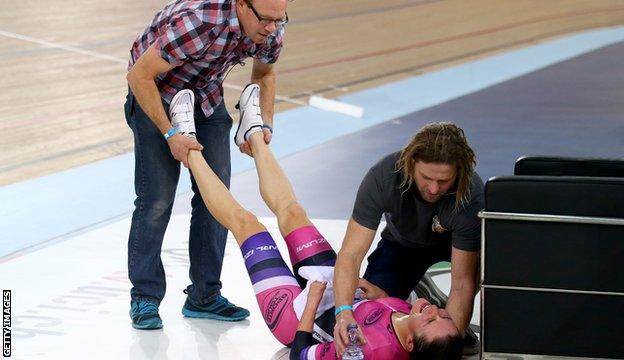 Dame Sarah Storey receives treatment after her ride