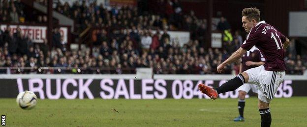 Sam Nicholson scores for Hearts against Cowdenbeath