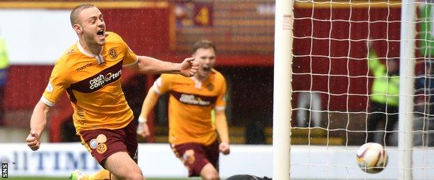 Louis Laing celebrates after scoring for Motherwell against Inverness