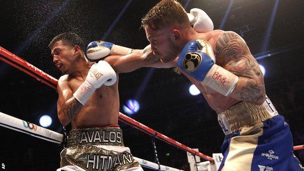 Carl Frampton in action against Chris Avalos during their IBF Super Bantamweight World Title fight