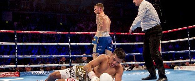 Carl Frampton in action against Chris Avalos during their IBF Super Bantamweight World Title fight