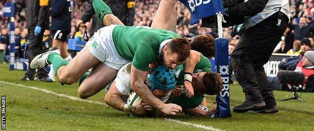 England's wing Jack Nowell scores a late try for England but it is disallowed