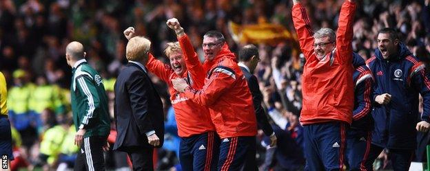 The Scotland bench are left delighted after Shaun Maloney's nets the crucial goal against Republic of Ireland