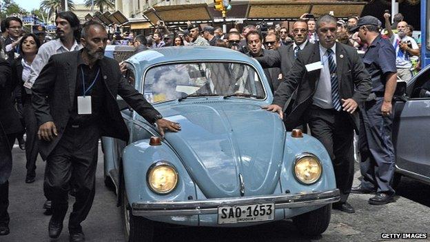 Jose Mujica leaves the Plaza Independencia after the inauguration of President Tabare Vazquez on 1 March, 2015