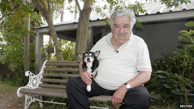 Jose Mujica with his dog Manuela on 25 February 2015