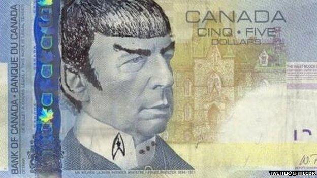 Spock's face drawn on a bank note