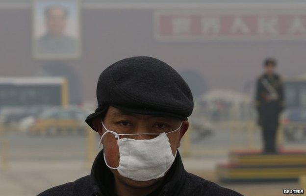 Man in pollution mask in Tiananmen Square, Beijing (Jan 2015)