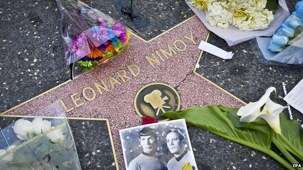 Flowers on Leonard Nimoy's star on the Hollywood Walk of Fame