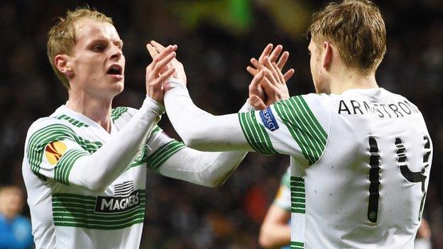 Gary Mackay-Steven and Stuart Armstrong celebrate with Celtic