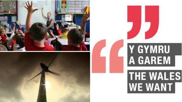 Wales We Want logo, classroom and turbine