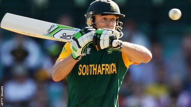 South Africa's AB de Villiers on his way to the fastest ever 150 in ODI cricket in the Pool B win over West Indies