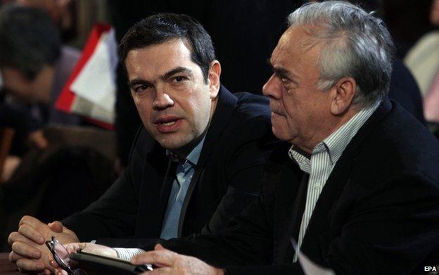 Prime Minister Alexis Tsipras (left) and Vice President Giannis Dragasakis attend a meeting of Syriza's party central committee in Athens, Greece, 28 February 2015