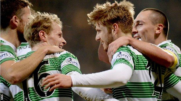 Gary Mackay-Steven, Stuart Armstrong and Scott Brown celebrate with Celtic