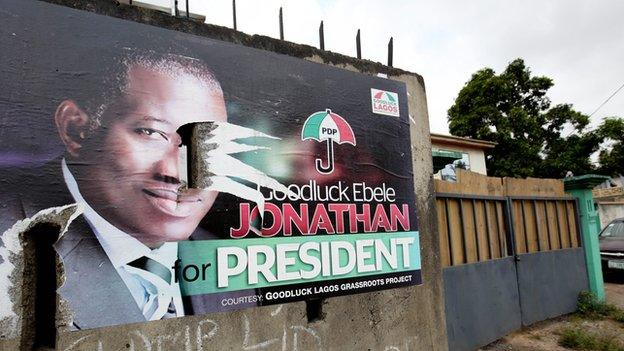 A campaign poster of incumbent presidential candidate, Goodluck Jonathan, torn apart on a street Corner in Lagos, Nigeria