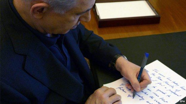 Israeli Prime Minister Benjamin Netanyahu as he working on his speech to the US Congress