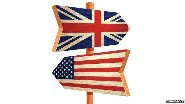 Signposts showing the US and UK flags