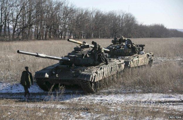 Pro-rebel tanks in Ukraine's Donetsk region, 18 February