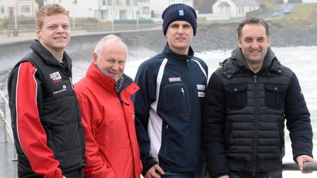 British Championship riders Sam West and Craig Neve with Michael Rutter and North West race director Mervyn Whyte