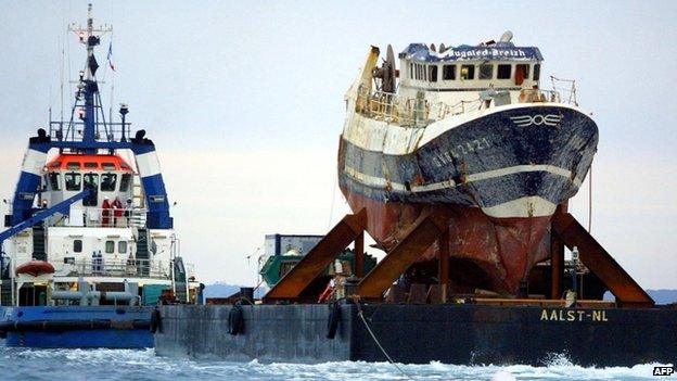 The trawler was towed to the French military port of Brest in July 2004