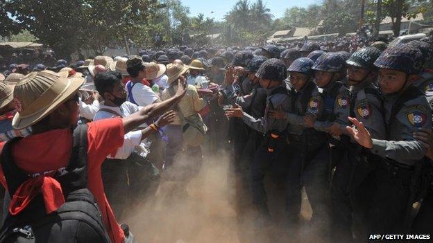 Myanmar riot police confront students in Letpadan town in Myanmar on 3 March 2015