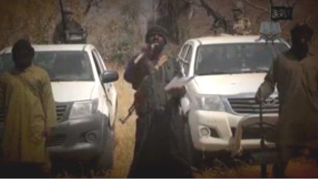 Grainy video of Shekau with spelling mistakes in opening sequence