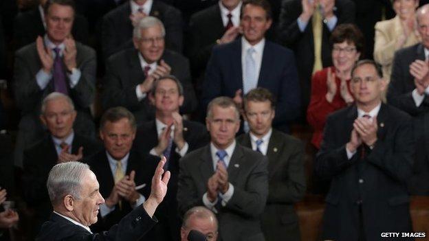 Israeli Prime Minister Benjamin Netanyahu acknowledges a standing ovation after addressing a joint meeting of the United States Congress in the House chamber at the US Capitol on Tuesday