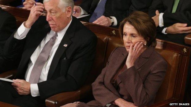 House Minority Leader Nancy Pelosi (right) and House Minority Whip Steny Hoyer listen to Israeli Prime Minister Benjamin Netanyahu speak