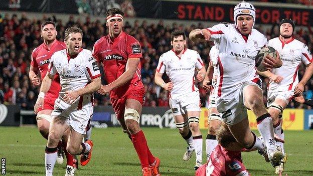 Luke Marshall on the way to scoring an Ulster try in last Friday's win over the Scarlets