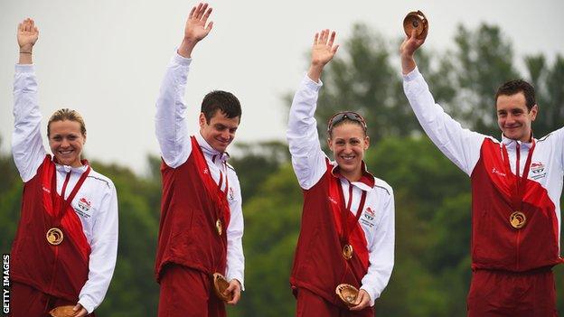 England's gold medal winning Commonwealth Games mixed relay triathlon team