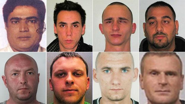 Wanted men (clockwise from top left): Rouf Uddin, Alexandru Cucu, Janusz Kedziora, Balint Budi, Jan Hiszpanski, Patryk Kokoryk, Mantas Jurgsat and Krzysztof Malkowski