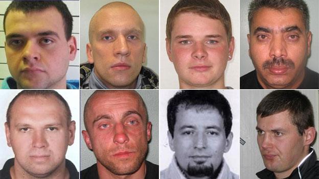 Wanted men (clockwise from top left): Mariusz Kuliga, Michal Ochecki, Roland Ostvalds, Octavian Medeleanu, Algimantas Ringaila, Abri Bucpapaj, Tomasz Pieta and Tomasz Naumowicz