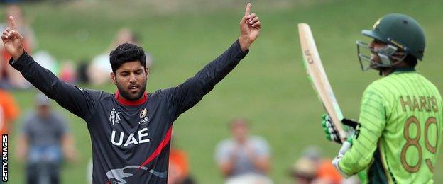 UAE bowler Mohammad Naveed celebrates a wicket