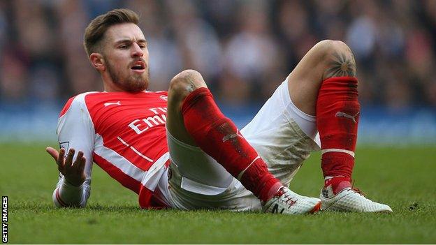 Aaron Ramsey lies prone while playing for Arsenal