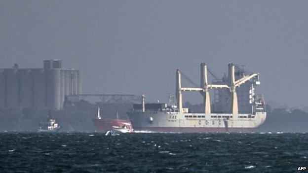 A Chinese freighter loaded with unregistered weapons which was heading for Cuba is seen anchored at the port of Cartagena on 3 March, 2015.