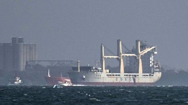 A Chinese freighter loaded with unregistered weapons which was heading for Cuba is seen anchored at the port of Cartagena on 3 March, 2015.