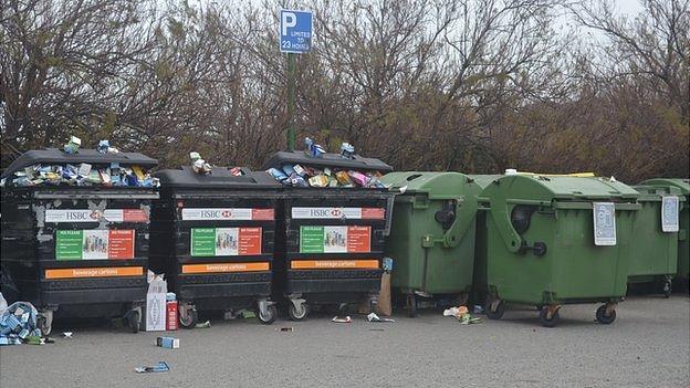 Overflowing recycling bins at Vazon, on Guernsey's west coast