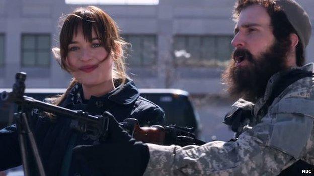 Actress Dakota Johnson and an Islamic State fighter