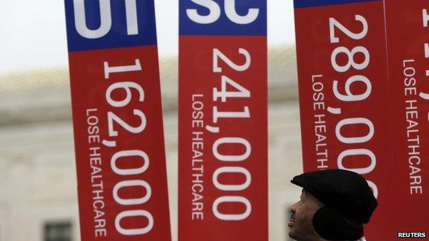 Dr Tom Ellison of Birmingham, Alabama looks at placards showing figures of the number of people who will possibly lose affordable healthcare in various states 4 march 2015