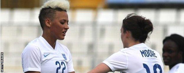 Lianne Sanderson (left) was among the goalscorers in Cyprus