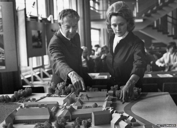 Benjamin Britten and Prudence Penn with a model of the Snape Maltings Concert Hall, 14th May 1970