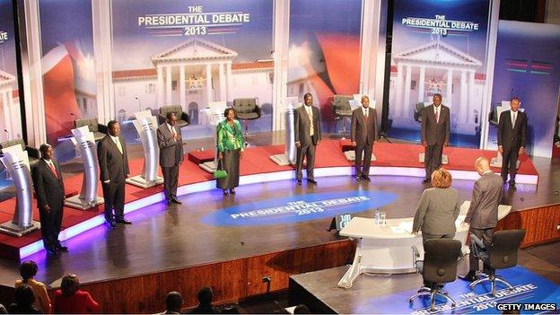 The eight candidates line up in Kenya's presidential election debates in 2013