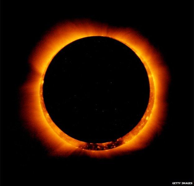 In this handout provided by NASA, sun spots are seen as the moon moves into a full eclipse position after reaching annularity during the first annular eclipse seen in the U.S. since 1994 on May 20, 2012