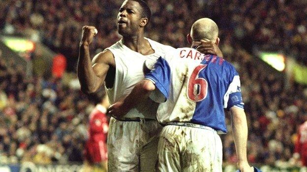 Nathan Blake (l) celebrates his winning goal for Blackburn against Liverpool in the 1999-2000 FA Cup