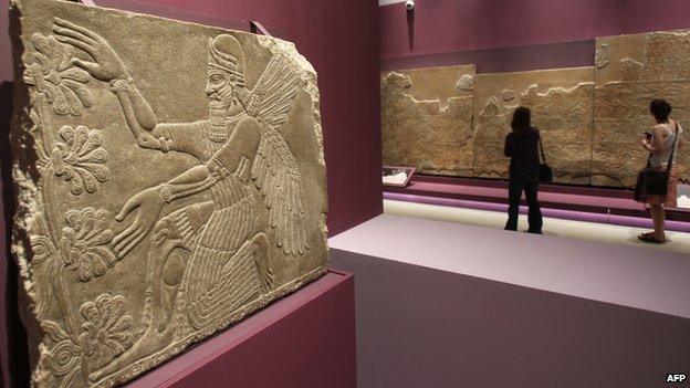 A view of one of the many archaeological pieces from the Babylonian period showing a protective spirit from Nimrud from around 875-860 BC during an exhibition in Abu Dhabi in 2011