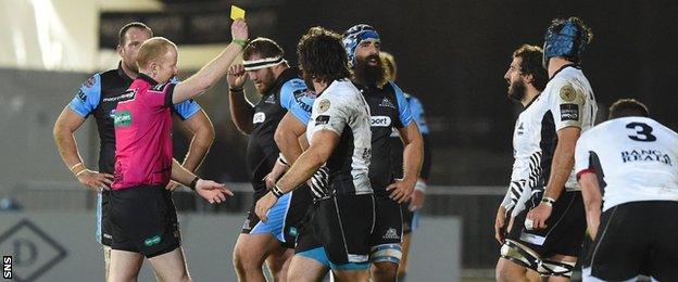 Zebre scrum-half Alberto Chillo is yellow-carded against Glasgow Warriors