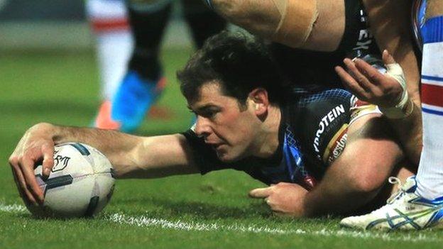 St Helens veteran Paul Wellens scores the first try of the night at Belle Vue