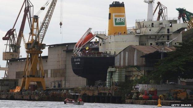 A Petrobras oil tanker is serviced on February 6, 2015 in Niteroi, Brazil.