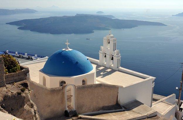 A church in Fira, Santorini, an archipelago of islands in the Cyclades, Greece